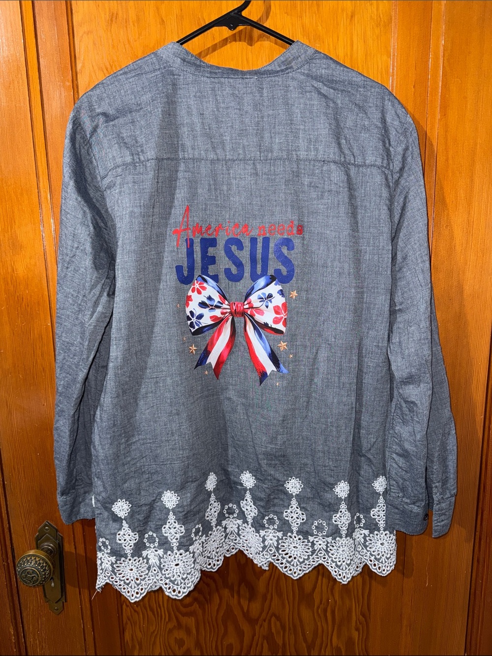 Style & Co. Grey Long-Sleeve Girls' Top with Patriotic Bow and JESUS Graphic